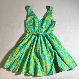 Handmade Tropical Floral Dress in Turquoise Blue + Yellow by Imperial, Medium